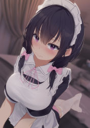 Rule 34 | 1girl, apron, bed, black hair, blanket, blush, bow, breasts, curtains, garter straps, hair bow, large breasts, maid, maid apron, maid headdress, medium hair, original, pillow, pink bow, purple eyes, sidelocks, solo, sweatdrop, thighhighs, unimon e, wavy mouth, white thighhighs