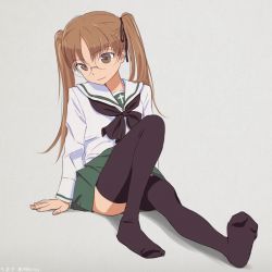 Rule 34 | 10s, 1girl, akagi (fmttps), arm support, artist name, black neckerchief, black ribbon, black thighhighs, blouse, brown eyes, brown hair, closed mouth, commentary request, full body, girls und panzer, glasses, green skirt, grey background, hair ribbon, head tilt, lips, long hair, long sleeves, looking at viewer, miniskirt, neckerchief, no shoes, ooarai school uniform, oono aya, pleated skirt, ribbon, round eyewear, school uniform, serafuku, shirt, sitting, skirt, smile, soles, solo, thighhighs, toe scrunch, twintails, twitter username, white shirt