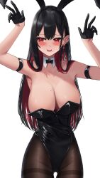 Rule 34 | 1girl, absurdres, amane sora, animal ears, arm strap, armpits, arms up, bare shoulders, black gloves, black hair, black hairband, black leotard, bow, bowtie, breasts, brown pantyhose, cleavage, colored inner hair, cowboy shot, detached collar, earrings, embarrassed, gloves, gluteal fold, hairband, half gloves, highleg, highleg leotard, highres, jewelry, large breasts, leotard, long hair, looking to the side, mole, mole on breast, mole under eye, multicolored hair, original, pantyhose, playboy bunny, rabbit ears, red eyes, red hair, solo, strapless, strapless leotard, thighband pantyhose