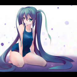 Rule 34 | 1girl, bad feet, green eyes, green hair, hatsune miku, letterboxed, long hair, matching hair/eyes, one-piece swimsuit, pon (pixiv 61434), pon (shind 997), sitting, solo, swimsuit, twintails, very long hair, vocaloid, wariza