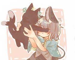 Rule 34 | 1girl, animal, animal ear fluff, animal ears, black cat, capelet, cat, chen, chen (cat), commentary, dress, earrings, green ribbon, grey dress, grey hair, holding, holding animal, holding cat, jewelry, mouse ears, multiple tails, nazrin, nekomata, outline, pink background, ribbon, short hair, simple background, solo, sunnyagi906, symbol-only commentary, tail, touhou, two tails, whiskers, white outline