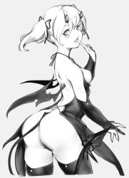 Rule 34 | 1girl, ass, backless outfit, blush, breasts, cropped legs, demon tail, demon wings, fang, female focus, finger to mouth, from behind, grey background, greyscale, hair ribbon, hand up, highres, horns, linnkou, looking at viewer, looking back, looking to the side, medium breasts, mole, mole under eye, monochrome, nipples, open mouth, original, ribbon, short twintails, simple background, sketch, smile, solo, standing, tail, teeth, thighhighs, twintails, wings