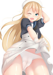Rule 34 | 1girl, arm up, bad id, bad pixiv id, black shirt, blonde hair, blue eyes, cameltoe, clothes lift, crop top, cropped shirt, dress, dress lift, gloves, hand on own head, hat, jervis (kancolle), kantai collection, lifted by self, long hair, ne an ito, one eye closed, open mouth, panties, school uniform, serafuku, shirt, simple background, smile, solo, underwear, white background, white dress, white gloves, white panties