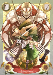 Rule 34 | 1boy, age progression, aged down, armored titan, blonde hair, boots, capelet, chess piece, chest harness, child, english text, eye trail, flower, full body, giant, giant male, glowing, glowing eyes, green capelet, harness, highres, holding, holding weapon, knee boots, kyosuke, leather, light trail, male focus, raincoat, reiner braun, shingeki no kyojin, short hair, sideburns, spoilers, sunflower, titan (shingeki no kyojin), weapon, yellow flower