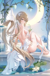 Rule 34 | 1girl, absurdres, ass, bare arms, bare shoulders, barefoot, blush, breasts, closed mouth, crescent moon, dress, feet, flower, from behind, full body, green eyes, grey hair, hair ornament, highres, holding, houkisei, long hair, looking at viewer, looking back, medium breasts, momoko (houkisei), moon, original, sitting, soles, solo, thigh strap, thighs, toes, water, white dress