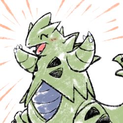 Rule 34 | arms up, artist request, blush stickers, creatures (company), emphasis lines, game freak, gen 2 pokemon, happy, lowres, nintendo, no humans, open mouth, pokemon, pokemon (creature), sharp teeth, simple background, solo, standing, tail, teeth, tyranitar