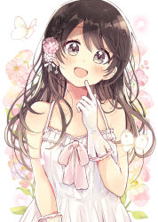 Rule 34 | 1girl, :d, absurdres, animal, bare arms, bare shoulders, black hair, blush, braid, bug, butterfly, commentary request, dress, finger to mouth, floral background, flower, gloves, grey eyes, hair flower, hair ornament, hand up, head tilt, highres, index finger raised, bug, long hair, looking at viewer, open mouth, original, pink flower, sakura oriko, simple background, sleeveless, sleeveless dress, smile, solo, white background, white dress, white gloves