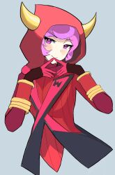 Rule 34 | 1girl, blush, bracelet, courtney (pokemon), creatures (company), flat chest, game freak, gloves, highres, hood, hoodie, horned hood, horns, jewelry, looking at viewer, nintendo, pokemon, pokemon oras, purple eyes, purple hair, red gloves, red hoodie, ribbed sweater, smile, solo, spyg, sweater, team magma uniform, upper body, yellow horns