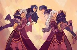 Rule 34 | 2boys, 2girls, bloodnspice, blue eyes, blue hair, blush, cape, carrying, chrom (fire emblem), dual persona, falchion (fire emblem), father and daughter, fingerless gloves, fire emblem, fire emblem awakening, gloves, highres, long hair, lucina (fire emblem), multiple boys, multiple girls, nintendo, open mouth, robin (female) (fire emblem), robin (fire emblem), robin (male) (fire emblem), short hair, smile, tiara, twintails
