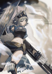 Rule 34 | 1girl, absurdres, animal ears, arknights, armpit cutout, armpits, ashlock (arknights), ashlock (elite ii) (arknights), black shirt, black shorts, black thighhighs, blouse, breasts, brown eyes, brown hair, clothing cutout, highres, holding, holding shield, holding weapon, knee pads, looking away, looking to the side, material growth, medium breasts, midriff, natsuba002, navel, oripathy lesion (arknights), parted lips, shield, shirt, short hair, short shorts, short sleeves, shorts, shrug (clothing), smoke, solo, squirrel ears, squirrel girl, squirrel tail, standing, tail, thighhighs, v-shaped eyebrows, visor (armor), weapon