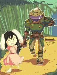 Rule 34 | 1boy, 1girl, :d, ^ ^, animal ears, arm behind head, armor, armored boots, arms behind back, bamboo, bamboo forest, barefoot, belt pouch, black hair, boots, breastplate, closed eyes, commentary, commission, crossover, day, doom (series), doomguy, dress, english commentary, floppy ears, flying sweatdrops, footprints, forest, full armor, full body, gun, height difference, helmet, holding, holding gun, holding weapon, hole, inaba tewi, leaf, leaf on head, long dress, looking at another, medium hair, nature, open mouth, outdoors, pink dress, pouch, puffy short sleeves, puffy sleeves, rabbit ears, setz, short sleeves, shotgun, smile, space marine, toes, touhou, visor, walking, weapon, |d