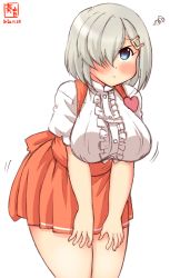 Rule 34 | alternate costume, angry, anna miller, apron, artist logo, blouse, blue eyes, breasts, dated, eyes visible through hair, hair ornament, hair over one eye, hairclip, hamakaze (kancolle), highres, kanon (kurogane knights), kantai collection, large breasts, looking at viewer, orange apron, orange skirt, shirt, short hair, short sleeves, simple background, skirt, solo, waitress, white background, white hair