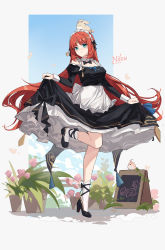Rule 34 | 1girl, absurdres, alternate costume, animal, bird, black dress, black ribbon, bow, character name, closed mouth, dress, flower, full body, genshin impact, green eyes, high heels, highres, leg up, light smile, long hair, long sleeves, looking at viewer, maid, maid headdress, nilou (genshin impact), off shoulder, pink flower, plant, rabbit tail, red hair, ribbon, simple background, socks, standing, standing on one leg, tail, very long hair, white bow, white socks, yajuu