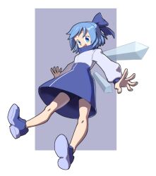Rule 34 | 1girl, bike shorts, blue coat, blue eyes, blue footwear, blue hair, bow, cirno, coat, commentary, formerly, full body, hair bow, ice, ice wings, medium hair, open mouth, shoes, smile, solo, touhou, wings