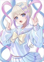 Rule 34 | 1girl, :o, blonde hair, blue bow, blue eyes, blue hair, blue shirt, blue skirt, bow, chouzetsusaikawa tenshi-chan, commentary request, hair bow, hair ornament, hands up, heart, heart hair ornament, highres, index fingers raised, izumi tsuzuri, long hair, long sleeves, looking at viewer, multicolored hair, needy girl overdose, open mouth, pink bow, pink hair, pleated skirt, purple bow, quad tails, sailor collar, school uniform, serafuku, shirt, signature, simple background, skirt, solo, twintails, very long hair, white background, yellow bow
