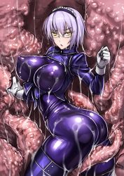 Rule 34 | 1girl, ass, blush, bodysuit, borrowed character, breasts, covered erect nipples, glasses, gloves, headband, impossible clothes, large breasts, looking at viewer, open mouth, original, rindou (radical dream), short hair, silver hair, skin tight, slime (substance), solo, tentacles, thighs, yellow eyes