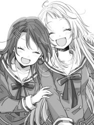 Rule 34 | 2girls, :d, ^ ^, ahoge, bad id, bad twitter id, bang dream!, buttons, closed eyes, double-breasted, dress, greyscale, hair ornament, hairclip, hanasakigawa school uniform, hand on another&#039;s shoulder, ito22oji, laughing, long hair, long sleeves, monochrome, multiple girls, neck ribbon, okusawa misaki, open mouth, ribbon, sailor dress, school uniform, smile, tsurumaki kokoro