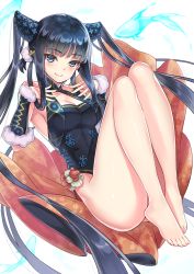 Rule 34 | 1girl, bare shoulders, barefoot, black dress, blue eyes, blue fire, blue hair, blunt bangs, blush, breasts, china dress, chinese clothes, cleavage, closed mouth, detached sleeves, dress, fate/grand order, fate (series), feet, fire, fish, floral print, hair ornament, highres, knees up, large breasts, leaf hair ornament, leaning back, legs, long hair, looking at viewer, omgamilla, sidelocks, simple background, smile, solo, twintails, very long hair, white background, yang guifei (fate), yang guifei (second ascension) (fate)