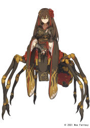 Rule 34 | 1girl, arachne, arthropod girl, arthropod limbs, black gloves, black kimono, breasts, brown hair, centauroid, closed mouth, clover theater, commentary request, extra eyes, extra legs, fingerless gloves, flower, full body, gloves, green eyes, hair flower, hair ornament, insect girl, japanese clothes, kimono, lansane, large breasts, long hair, long sleeves, looking at viewer, monster girl, official art, red flower, simple background, smile, solo, spider girl, spider lily, taur, white background, wide sleeves