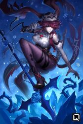 Rule 34 | 1girl, ass, blue background, blue flower, blue rose, branch, cameltoe, detached sleeves, fishnets, flower, full body, gauntlets, genshin impact, ice, kuroi-tsuki, one eye covered, polearm, red eyes, red hair, rosaria (genshin impact), rose, serious, snow flakes, spear, spines, thorns, weapon