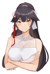 Rule 34 | 1girl, azur lane, black hair, blush, bow, breasts, bridal gauntlets, closed mouth, commentary, crossed arms, dated, dress, english commentary, hair bow, highres, large breasts, long hair, looking at viewer, multicolored eyes, orange eyes, pout, signature, simple background, solo, takao (azur lane), takao (the lessons of spring) (azur lane), temachii, upper body, white background, white bow, white dress, yellow eyes