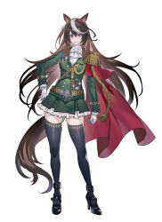 Rule 34 | 1girl, absurdres, animal ears, black footwear, black hair, black thighhighs, blush, brown hair, cape, closed mouth, commentary request, echj, epaulettes, frilled skirt, frills, full body, gloves, green jacket, green skirt, grey hair, hair between eyes, high heels, highres, horse ears, horse girl, horse tail, jacket, long hair, long sleeves, looking at viewer, multicolored hair, pleated skirt, purple eyes, red cape, shoes, side cape, simple background, single epaulette, skindentation, skirt, smile, solo, standing, symboli rudolf (umamusume), tail, thighhighs, two-tone hair, umamusume, very long hair, white background, white gloves