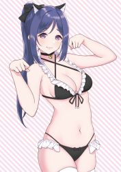 Rule 34 | 1girl, absurdres, animal ears, arhah, bad id, bad pixiv id, bare arms, bell, bikini, black bikini, black bow, blue hair, blush, bow, breasts, cat ears, choker, cleavage, fake animal ears, frill trim, frills, front-tie bikini top, front-tie top, hair bow, halterneck, high ponytail, highres, long hair, looking at viewer, love live!, love live! sunshine!!, maid, maid bikini, matsuura kanan, medium breasts, navel, neck bell, paw pose, purple eyes, sidelocks, skindentation, sleeveless, smile, solo, striped, striped background, swimsuit, thighhighs, unconventional maid, white thighhighs