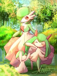 Rule 34 | &gt; &lt;, 1other, 2girls, arm up, arms up, artist name, blunt bangs, blush, bob cut, bowl cut, bush, closed eyes, closed mouth, colored skin, creatures (company), curtsey, day, facing viewer, flat chest, forest, full body, game freak, gardevoir, gen 3 pokemon, grass, green hair, green skin, green theme, hair over one eye, happy, highres, kirlia, long hair, looking at another, looking at viewer, moxa ryu, multicolored skin, multiple girls, nature, nintendo, one eye covered, outdoors, pokemon, pokemon (creature), ralts, red eyes, short hair, signature, smile, split mouth, standing, tree, two-tone skin, waving, white skin