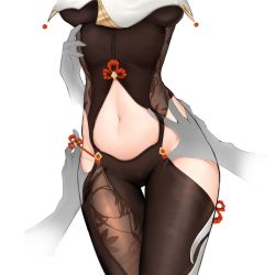 Rule 34 | 1girl, 2021, black bodysuit, bodysuit, breast curtain lift, breasts, brown bodysuit, chinese clothes, chinese knot, clothing cutout, genshin impact, hands on own hips, high heels, hip vent, large breasts, navel, navel cutout, ren zhixuan, shenhe (genshin impact), side cutout, sidelocks, thigh cutout, thigh gap, thighs