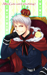 Rule 34 | 1boy, axis powers hetalia, bird, black gloves, cape, chair, head rest, crown, flower, german text, gloves, looking at viewer, prussia (hetalia), red eyes, silver hair, sitting, smile, sousui hani, translated