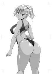 Rule 34 | 1girl, ass, asymmetrical hair, bare shoulders, blush, breasts, competition swimsuit, covered erect nipples, creatures (company), game freak, gen 1 pokemon, gym leader, highleg, highleg swimsuit, knees, large breasts, legs, lips, looking at viewer, looking back, misty (pokemon), monochrome, nintendo, one-piece swimsuit, open clothes, pokemon, pokemon rgby, ponytail, puffy areolae, satsuki imonet, shiny skin, short hair, side ponytail, simple background, solo, spread legs, swimsuit, tan, thighs, wide hips