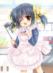 Rule 34 | 1girl, apron, blazer, blue hair, blue jacket, brown eyes, clannad, collared shirt, commentary request, cowboy shot, dress shirt, frilled apron, frills, hair ribbon, highres, hinata nonoka, jacket, kitchen, ladle, long hair, looking at viewer, one eye closed, ribbon, saucer, shirt, smile, solo, sunohara mei, twintails, white apron, white shirt, yellow ribbon