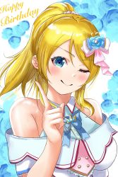 Rule 34 | 1girl, ;), aqua bow, aqua flower, artist name, artist request, ayase eli, bare shoulders, bead bracelet, beads, blonde hair, blue bow, blue bowtie, blue eyes, blue flower, blush, bow, bowtie, bracelet, breasts, center frills, close-up, collarbone, collared dress, dress, female focus, flower, frilled dress, frilled sleeves, frills, gloves, hair beads, hair between eyes, hair bobbles, hair bow, hair ornament, hair ribbon, high ponytail, highres, jewelry, long hair, looking at viewer, love live!, love live! school idol festival, love live! school idol project, medium breasts, one eye closed, parted lips, pearl bracelet, pink bow, plaid, plaid dress, pleated, pleated dress, ponytail, ribbon, short hair, single glove, sleeveless, sleeveless dress, smile, solo, star (symbol), star print, white background, white bow, white dress, white gloves, white ribbon, wing collar, wink, wrist bow