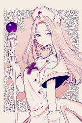 Rule 34 | 1girl, absurdres, blue eyes, border, closed mouth, cross, flower, gloves, highres, holding, holding staff, long hair, mint adenade, miya9, pastel colors, plant, smile, solo, staff, tales of (series), tales of phantasia