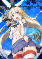 Rule 34 | 10s, 1girl, anchor, black panties, blonde hair, blush, elbow gloves, gloves, hair ornament, hairband, kantai collection, long hair, looking at viewer, navel, open mouth, panties, pantyshot, personification, rensouhou-chan, shimakaze (kancolle), skirt, solo, striped clothes, striped thighhighs, thighhighs, underwear, upskirt, white gloves, yuuzii