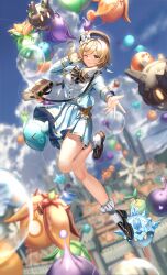 Rule 34 | 1girl, absurdres, alternate costume, arm behind head, balloon, blue jacket, blue skirt, blue sky, blurry, blurry background, brown footwear, closed mouth, floating hair, flower, frilled socks, frills, full body, genshin impact, hair flower, hair ornament, hat, highres, jacket, loafers, lumine (genshin impact), one eye closed, outdoors, shirt, shoes, short hair with long locks, silence girl, skirt, sky, smile, socks, solo, standing, standing on one leg, white flower, white shirt, white socks, yellow eyes