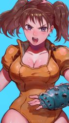 Rule 34 | 1girl, blue background, blush, breasts, brown hair, cleavage, cowboy shot, diane (nanatsu no taizai), female focus, gloves, highres, ibuo (ibukht1015), large breasts, leotard, nanatsu no taizai, open mouth, purple eyes, scowl, solo, twintails