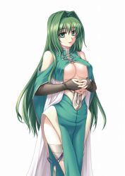 Rule 34 | 00s, 1girl, aqua eyes, bare shoulders, breasts, bridal gauntlets, cleavage, cleavage cutout, clothing cutout, detached sleeves, dress, elbow gloves, elleinduse ol tightrantell, ellendus, gloves, green eyes, green hair, hair intakes, kannatsuki noboru, large breasts, long hair, matching hair/eyes, mature female, no bra, official art, own hands clasped, own hands together, shinkyoku soukai polyphonica, simple background, smile, solo, standing, thigh strap, thighhighs, turtleneck, underboob, very long hair, wide hips