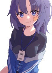 Rule 34 | 1girl, afnroll, alternate hairstyle, black shirt, blue archive, blue jacket, breasts, highres, id card, jacket, lanyard, light blush, looking at viewer, medium breasts, medium hair, off shoulder, official alternate costume, ponytail, purple eyes, purple hair, red pupils, shirt, simple background, smile, solo, star (symbol), sticker, track jacket, unzipped, white background, yuuka (blue archive), yuuka (track) (blue archive)