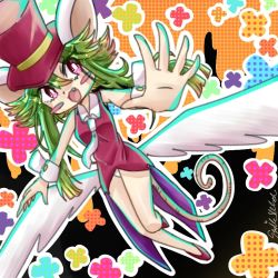 Rule 34 | 1girl, animal ears, blush stickers, breasts, green hair, hat, leotard, mad rat dead, mouse (animal), mouse ears, mouse girl, mouse tail, nippon ichi, rat god, red eyes, tail, tie clip, top hat, wings, wrist cuffs