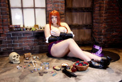 Rule 34 | 1girl, asian, breasts, chouzuki maryou, cosplay, dragon&#039;s crown, hat, hip focus, large breasts, photo (medium), plump, red hair, solo, witch, sorceress (dragon&#039;s crown), sorceress (dragon&#039;s crown) (cosplay), staff, thick thighs, thighs, wide hips, witch hat