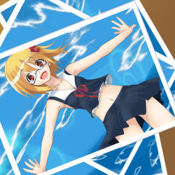 Rule 34 | 1girl, adapted costume, bespectacled, blonde hair, cloud, day, embodiment of scarlet devil, fang, female focus, glasses, ogami kazuki, open mouth, outstretched arms, photo (object), red eyes, ribbon, rumia, short hair, smile, solo, spread arms, touhou