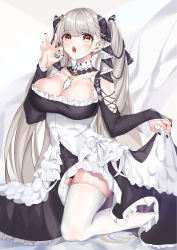 Rule 34 | 1girl, absurdres, azur lane, bed sheet, blunt bangs, breasts, choker, cleavage, clothes lift, commentary request, detached sleeves, dress, dress lift, formidable (azur lane), grey hair, hair ribbon, highres, kneeling, large breasts, lifting own clothes, long hair, long sleeves, looking at viewer, maid, open mouth, orange eyes, ribbon, sidelocks, solo, thighhighs, twintails, white thighhighs, yoshitoki (kisshin)
