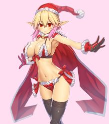 Rule 34 | 1girl, aqua eyes, asamura hiori, bare shoulders, blonde hair, blue eyes, blush, breasts, cape, christmas, cleavage, euclita (pso2), female focus, gloves, gradient hair, hat, highres, large breasts, long hair, looking at viewer, multicolored hair, navel, open mouth, phantasy star, phantasy star online 2, pink hair, pointy ears, red eyes, red gloves, santa costume, santa hat, smile, solo, thighhighs, twintails, two-tone hair