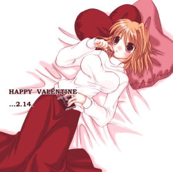 Rule 34 | 00s, 1girl, arcueid brunestud, blonde hair, breasts, chocolate, happy valentine, heart, heart-shaped pillow, kanade (wakamest), large breasts, long skirt, lying, on back, pillow, red eyes, short hair, skirt, solo, sweater, tsukihime, turtleneck, type-moon, valentine, wakamest