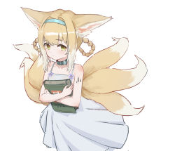 Rule 34 | 1girl, absurdres, animal ears, arknights, bare arms, bare shoulders, braid, braided hair rings, brown hair, closed mouth, collarbone, commentary request, dress, flower, fox ears, fox girl, fox tail, green eyes, hair rings, highres, hugging object, iiii, infection monitor (arknights), kitsune, material growth, oripathy lesion (arknights), pleated dress, purple flower, sidelocks, simple background, sleeveless, sleeveless dress, solo, suzuran (arknights), tail, twin braids, white background, white dress