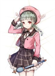 Rule 34 | 1girl, bad id, bad pixiv id, beret, black dress, braid, closed mouth, commentary, cowboy shot, dress, english commentary, female focus, frilled dress, frills, green hair, hat, highres, holding, holding wand, jacket, looking at viewer, maplestory, maplestory 2, original, pink hat, pink jacket, plaid, plaid dress, red eyes, short hair, simple background, smile, solo, standing, symbol-shaped pupils, twin braids, wand, white background, xoaiu