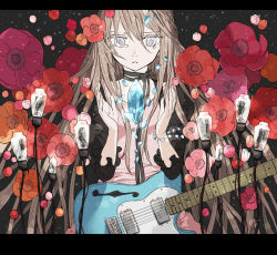Rule 34 | 1girl, arakawa (aintnoroom), bow, brown hair, cable, electric guitar, fender telecaster, flower, grey eyes, guitar, instrument, jewelry, letterboxed, long hair, original, ribbon, ring, solo, tears