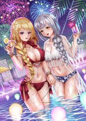 Rule 34 | 2girls, aerial fireworks, arm at side, assault lily, asymmetrical docking, bangle, bare arms, bare shoulders, bikini, blonde hair, blue bikini, blunt bangs, bracelet, braid, braided ponytail, breast press, breasts, building, chair, city, cleavage, cocktail, cocktail glass, collarbone, commentary request, cowboy shot, cup, drinking glass, drinking straw, fingernails, fireworks, floral print, flower, food, frilled bikini, frills, fruit, gem, grey hair, hair flower, hair ornament, hair over shoulder, halterneck, hand up, hibiscus, highres, holding, holding cup, holding hands, hurricane glass, imai tomohiro, interlocked fingers, jewelry, kon kanaho, large breasts, lemon, lemon slice, light blush, long hair, long sleeves, looking at viewer, lounge chair, low ponytail, mismatched bikini, miyagawa takane, multiple girls, navel, night, night sky, official alternate costume, official alternate hairstyle, open clothes, open shirt, outdoors, parasol, parted lips, pearl (gemstone), pearl bracelet, pearl hair ornament, pink flower, pool, pool ladder, print bikini, purple eyes, red bikini, ring, see-through, see-through shirt, shirt, side-by-side, side-tie bikini bottom, side ponytail, single braid, sky, smile, sparkle, standing, stomach, string of light bulbs, swimsuit, swimsuit cover-up, thighlet, umbrella, very long hair, wading, water, wet, wet clothes, wet shirt, white bikini, yellow eyes, yellow flower