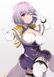 Rule 34 | 1girl, ;), absurdres, bare shoulders, black thighhighs, boots, breasts, cleavage, closed mouth, collared shirt, commentary request, cowboy shot, elbow gloves, epaulettes, framed breasts, frilled skirt, frills, gloves, gridman universe, gridman universe (film), hair between eyes, hands up, highres, large breasts, looking at viewer, noshimurin, one eye closed, pleated skirt, purple eyes, purple hair, purple shirt, purple skirt, salute, shinjou akane, shirt, short hair, sidelocks, simple background, skindentation, skirt, sleeveless, sleeveless shirt, smile, ssss.gridman, standing, standing on one leg, thigh boots, thighhighs, thighhighs under boots, vulcan salute, white background, white footwear, white gloves, zettai ryouiki